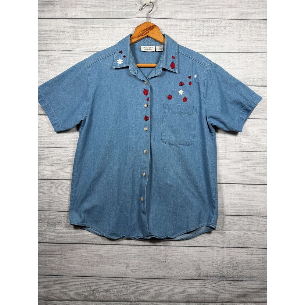 Vintage Christopher & Banks Women's M Ladybug Embroidered Denim Shirt 4369